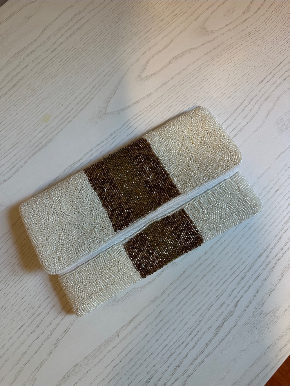 Beaded Ivory Clutch with Bronze Accent